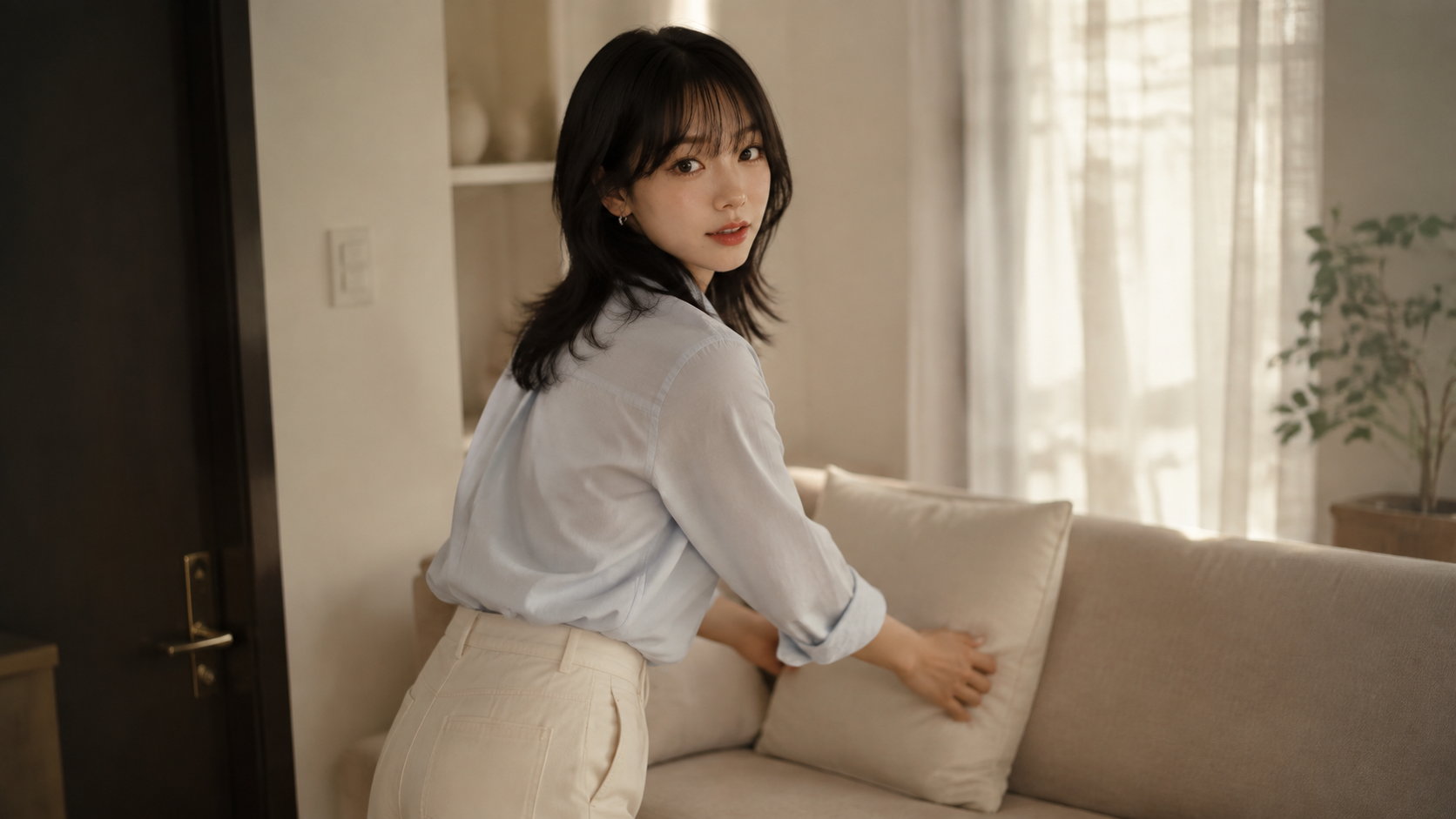 쿠션을 정리하다 문소리에 놀라 돌아보는 지우